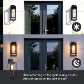 18" Outdoor Wall Light Fixtures Waterproofed Exterior Lantern W/Sturdy Rectangular Double Cage In Satin Black&Clear Tempered Glass