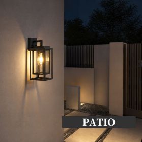 14" Outdoor Wall Light Fixtures Waterproofed Exterior Lantern W/Sturdy Rectangular Double Cage In Satin Black&Clear Tempered Glass