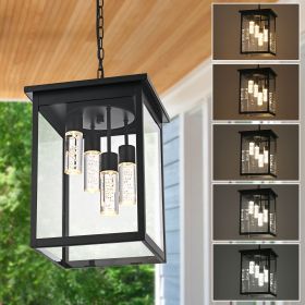 LED 5CCT Large Outdoor Pendant Light Fixtures, Exterior Hanging Lantern LED Integrated Bulbs Included for Porch Patio Yard Garden (Color: Black)