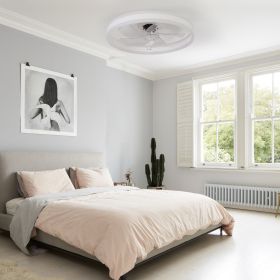 20" Flush Mount Ceiling Fans with Lights and Remote, 3000K-6000K Dimmable LED Fandelier Low Profile Chandelier Ceiling Fan for Bedroom Living Roo (Color: White, Material: Iron)
